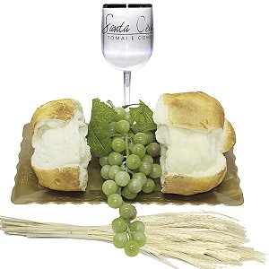 Kit Arranjo Santa Ceia Bandeja Retangular Uva 24cm Pão Partido Taça e Trigo
