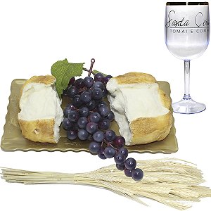Kit Arranjo Santa Ceia Bandeja Retangular Uva 24cm Pão Partido Taça e Trigo