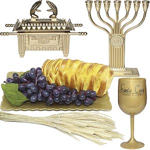 Kit Arranjo Santa Ceia Arca 10cm Uva 29cm Pão Trança Taça 290ml Candelabro Fé