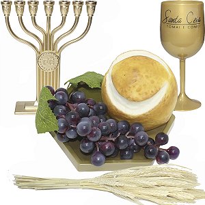 Kit Arranjo Santa Ceia Bandeja Sextavada Candelabro Fé Uva 24cm Pão Italiano Taça e Trigo