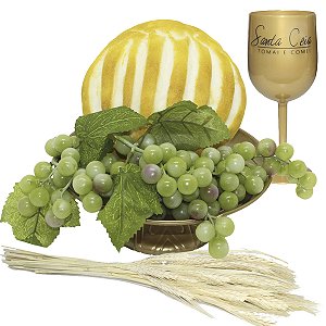 Kit Arranjo Santa Ceia Bandeja Pedestal 23cm Pão Médio Uvas e Trigo