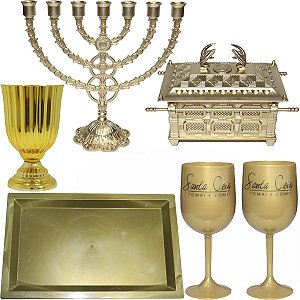 Kit Decoração Ceia Candelabro Grande Arca15cm 2 Taças 290ml Vaso Dourado Bandeja