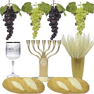Kit Arranjo Santa Ceia 2 Pães 4 Uvas Candelabro Fé Taça 290ml Vaso Dourado Trigo