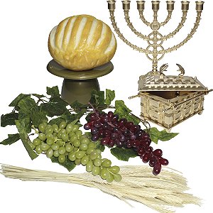 Kit Arranjo Santa Ceia Bandeja Dourada Pão Broa Uvas 29cm Arca Candelabro Gd