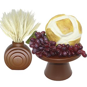 Kit Arranjo Santa Ceia Bandeja 21cm Pão Uva 29cm Vaso Com Trigo