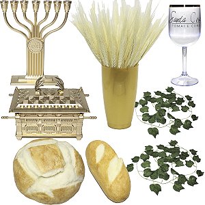Kit Decoração Ceia Pães Folhagens Candelabro Fé Arca 15cm Taça Vaso Com Trigo
