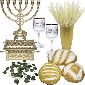 Kit Decoração Ceia Pães Folhagens Candelabro Arca 15cm Taças Vaso Com Trigo