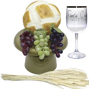 Kit Arranjo Santa Ceia Pão Italiano M 3 Uvas 14cm Taça 290ml e Trigo