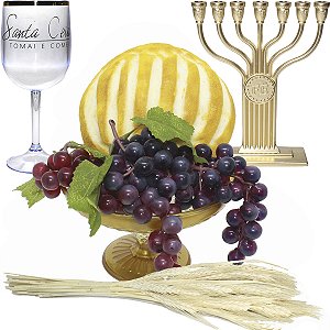 Kit Arranjo Santa Ceia Bandeja Luxo Degrade  Pão Italiano M Uvas Taça Candelabro Trigo
