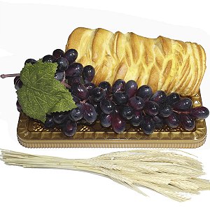 Kit Arranjo Santa Ceia Uva 29cm Pão Trança P Bandeja Retangular e Trigo