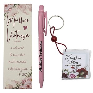 Kit Lembrancinhas Evangélicas Mulher Virtuosa Marca Página Caneta e Chaveiro Bíblia