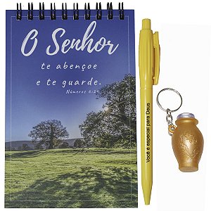 Kit 5 Lembrancinhas Evangélicas Caderneta Chaveiro Botija e Caneta