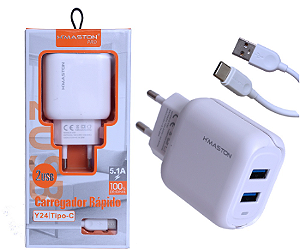 Carregador Turbo para Celular 2 Entradas USB com Cabo Tipo C - H'Maston