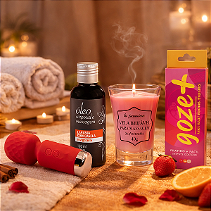 "Kit Promocional" Massagem Sensual - Mini Varinha Mágica, Óleo de Massagem Laranja com Canela, Vela Beijável para Massagem, Facilitador de Orgasmo Goze Mais