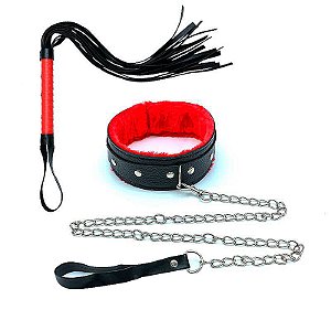 Kit BDSM - Coleira Couro e Pelúcia com Guia e Chicote Couro com Tiras