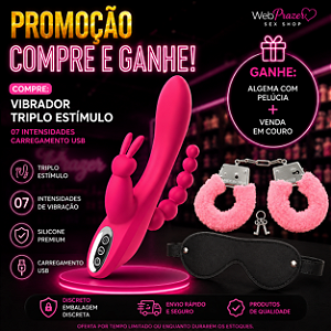 "Promoção Compre e Ganhe"-Vibrador Triplo Estímulo - 07 Intensidades - Carregamento USB. Ganhe Algema com Pelúcia e Venda em Couro