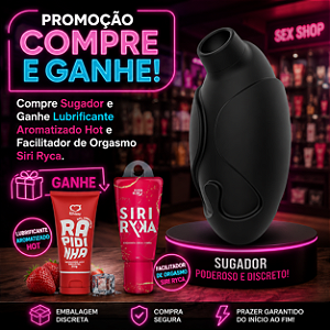 "Promoção Compre e Ganhe" Compre Sugador de Clitóris com Pulsação - Black - Ganhe Lubrificante Aromatizado Hot e Facilitador de Orgasmo Siri Ryca
