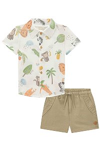 CONJUNTO CAMISA MANGA CURTA ESTAMPADA E BERMUDA EM LINHO LUC.BOO