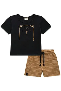 CONJUNTO CAMISETA MANGA CURTA ESTAMPADA E BERMUDA LISTRADA LUC.BOO