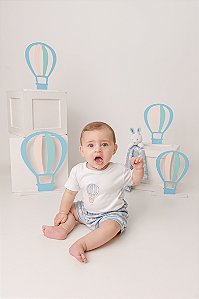CONJUNTO BODY MANGA CURTA COM SHORT TEMA BALÃO AZUL MINI BEAR
