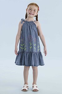 VESTIDO EM JEANS COM BORDADOS E AMARRAÇÃO MON SUCRÉ