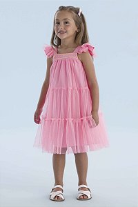 VESTIDO EM TULE FORRADO COM DETALHES EM PAETÊ ROSA NEON MON SUCRÉ