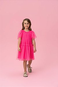 VESTIDO EM TULE FORRADO AZUL COM BORDADO E ROSA ESCURO MON SUCRÉ