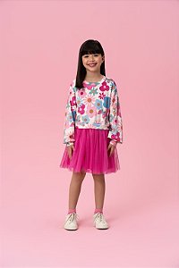 VESTIDO MANGA LONGA DE PLUSH COM BARRA EM TULE ESTAMPA FLORAL MON SUCRÉ