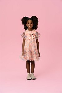 VESTIDO EM TULE FORRADO COM ESTAMPA DE COELHINHO E FLORAL MON SUCRÉ