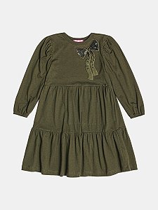 Vestido Infantil Verde Militar Manga Longa