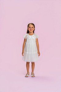 Vestido Infantil Mon Sucré Branco Tule e Laço