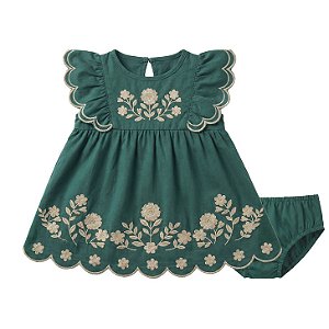 Vestido Bebê Verde Bordado com Calcinha