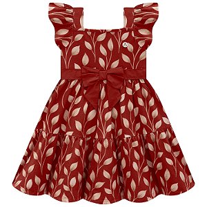 Vestido Infantil Vermelho Floral com Laço e Babados