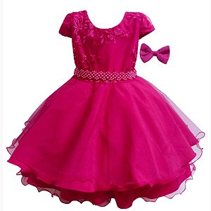 Vestido Infantil Bordado Pink com Cinto em Pérola