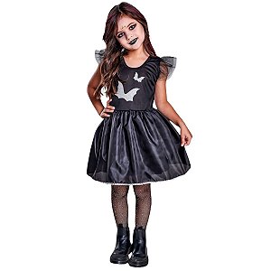 Fantasia Vestido Halloween Morcegos Prata