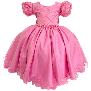 Vestido Rosa Com Aplique de Flores
