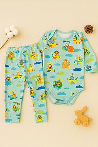 Body e Mijão Bebê Térmico Zoo Verde Macio