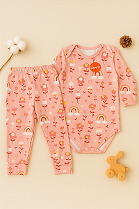 Body e Mijão Bebê Térmico Flores Rosa Macio