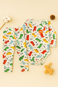 Body e Mijão Bebê Térmico Dinossauro Branco Macio