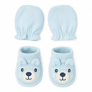 Kit 1 Par de Luvas + 1 Par de Sapatinhos Bebê Azul Claro
