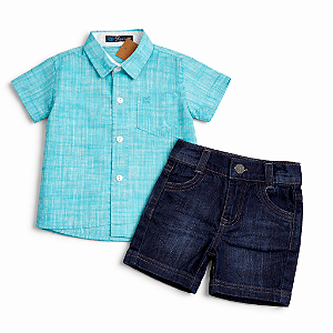 Conjunto Infantil Masculino Camisa Verde + Bermuda Jeans