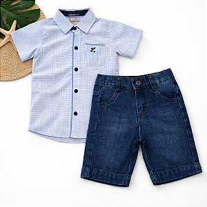 Conjunto Infantil Masculino Camisa Social Azul + Bermuda Jeans