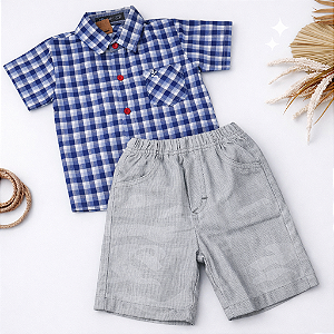 Conjunto Infantil Masculino Camisa Xadrez+ Bermuda Jeans