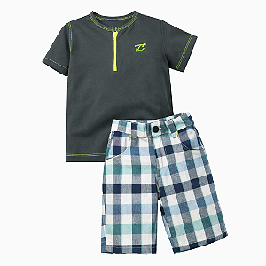Conjunto Infantil Masculino Camiseta Verde + Bermuda Xadrez