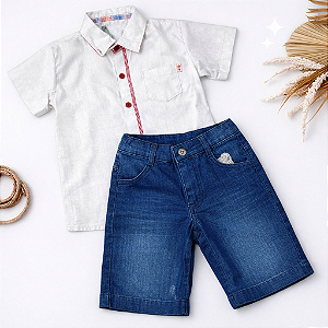 Conjunto Infantil Masculino Camisa Social Bege + Bermuda Jeans