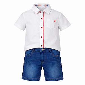 Conjunto Infantil Masculino Camisa Social Bege + Bermuda Jeans