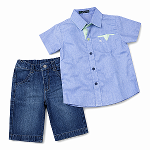 Conjunto Infantil Masculino Camisa Social Azul + Bermuda Jeans