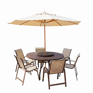 Conjunto de mesa Lótus Giro Externo com 6 Cadeiras e Ombrelone
