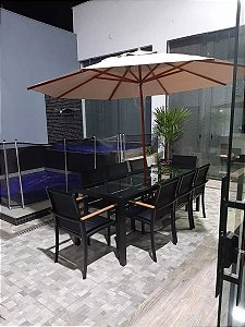 Mesa Retangular de Vidro com 8 Cadeiras + Guarda Sol