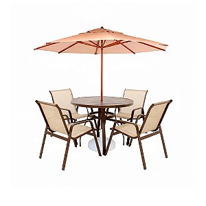 Conjunto de mesa Lótus Com Tampo Ripado 4 Cadeiras e Ombrelone